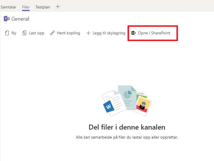 Screenshot of Files in Teams: Open in Sharepoint
