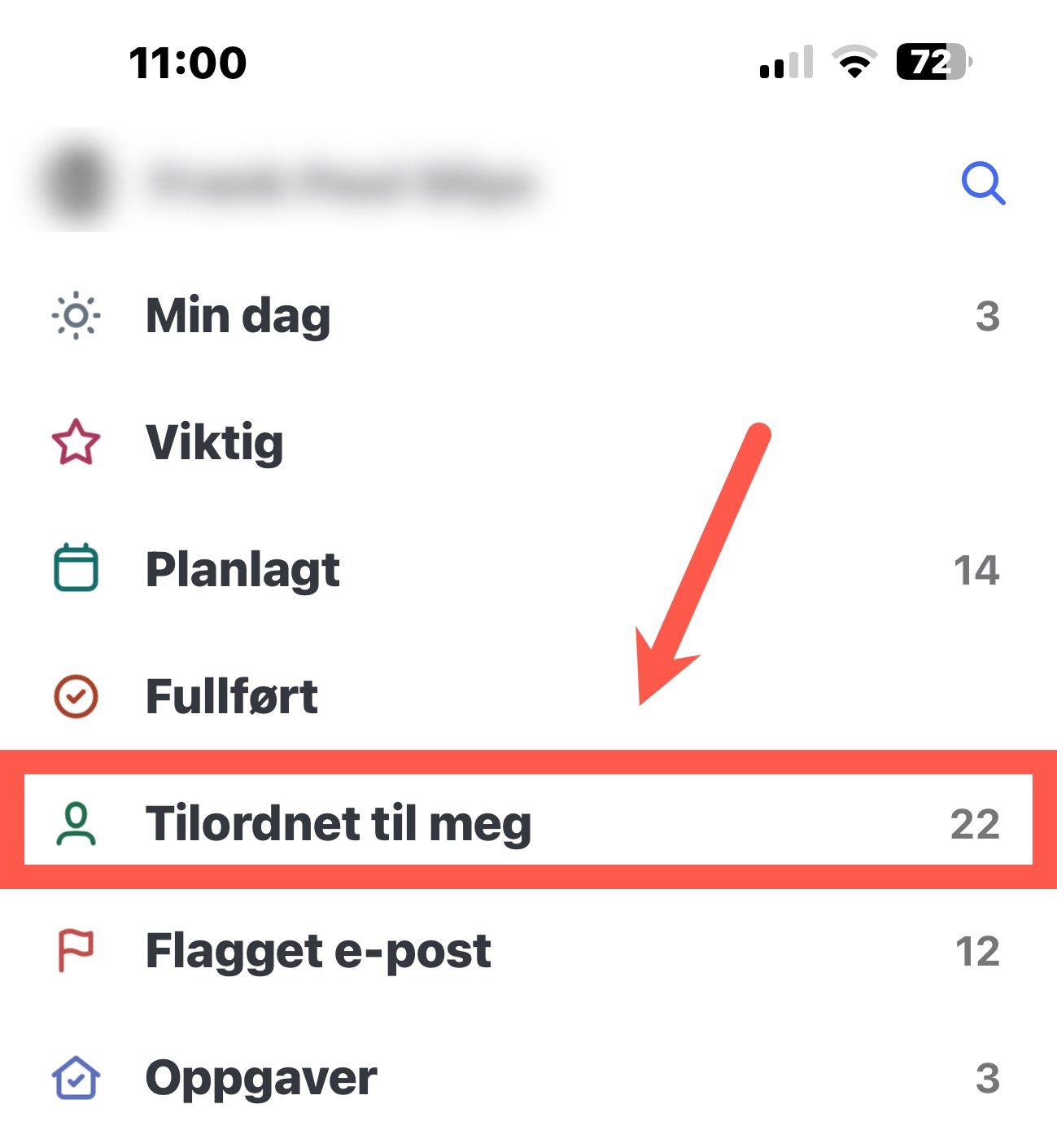 Skjermbilde av listeoversikten i To Do, med fokus på listen Tilordnet meg