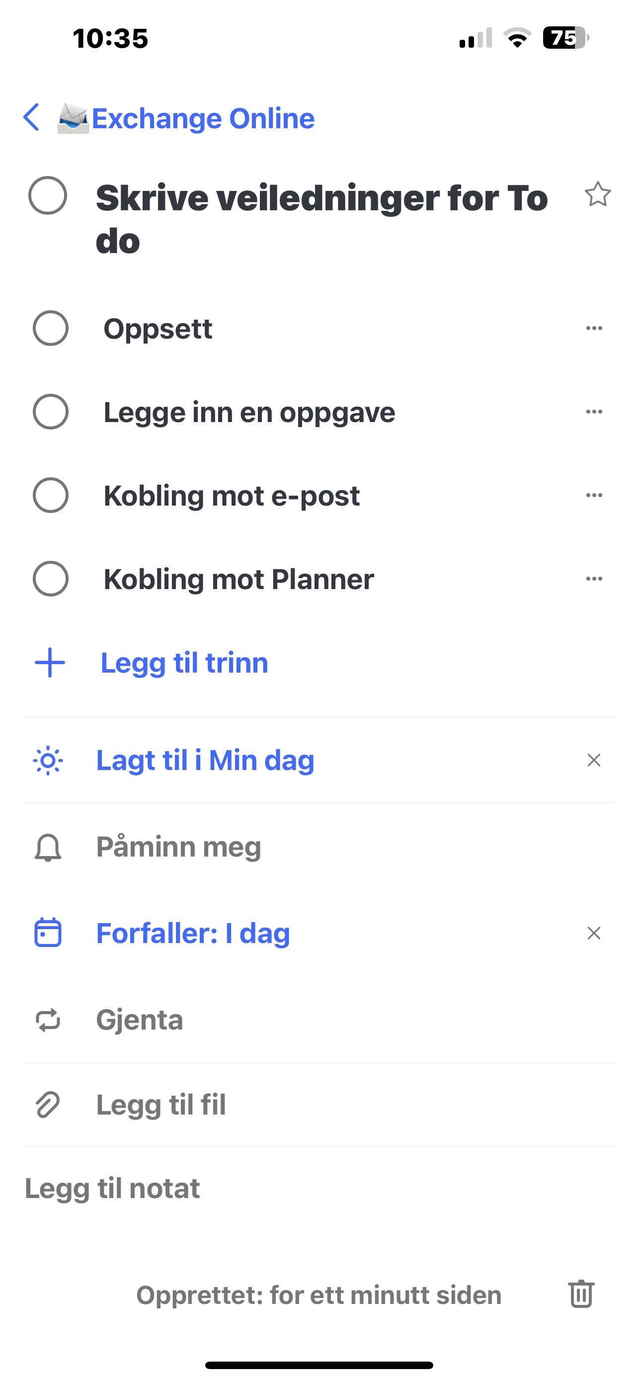 Skjermbilde av oppgave i To do, hvor du kan legge inn deloppgaver og dato for når oppgaven skal være løst.