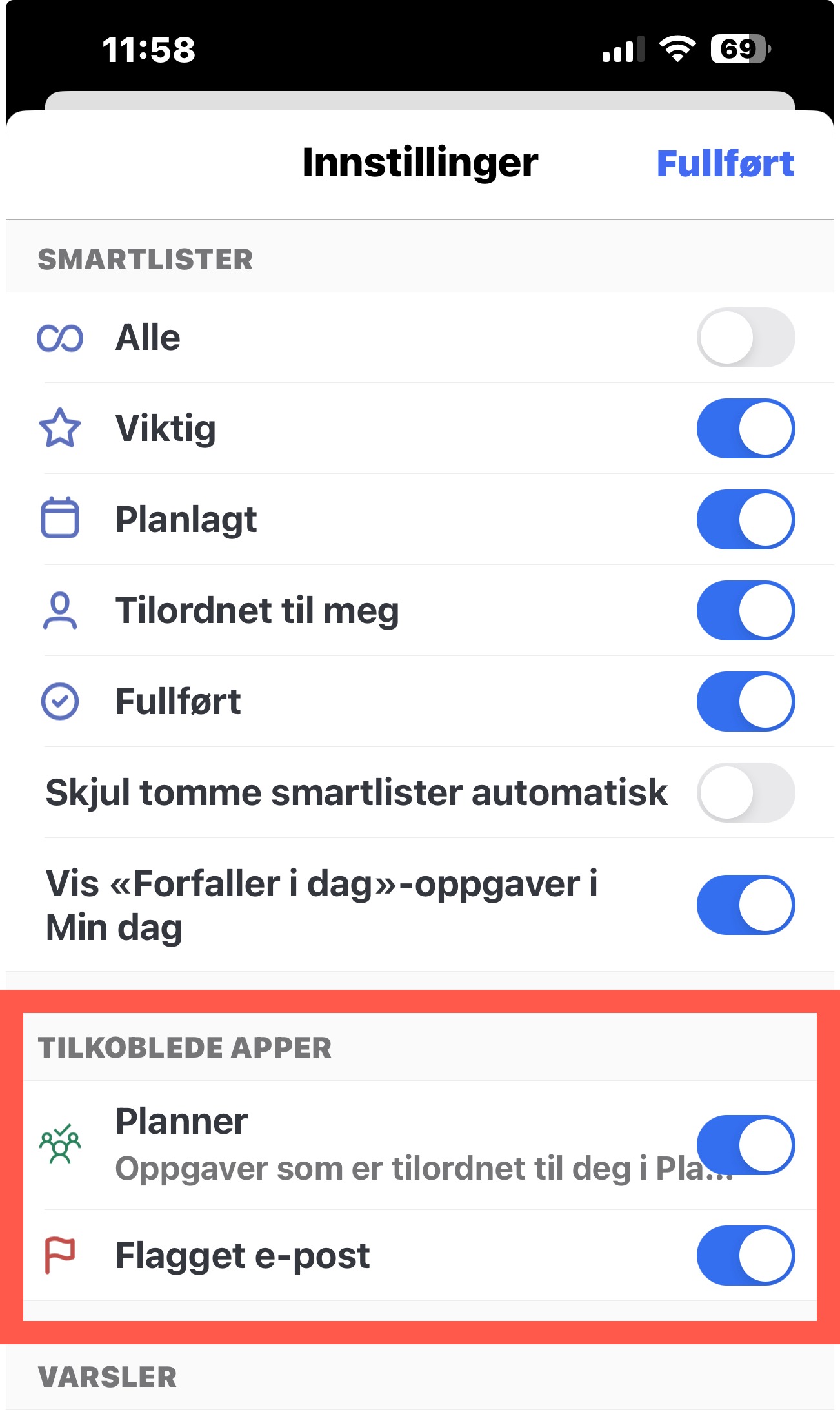 Skjermbilde av Innstillingsvinduet i To Do hvor du kobler den sammen med Planner