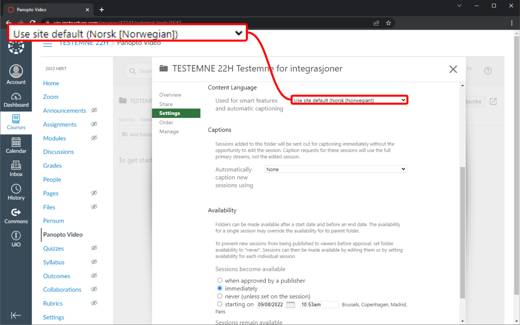 Innstillingsvinduet for emnet i Panopto, under "Settings" er språklisten under "Content Language" markert.