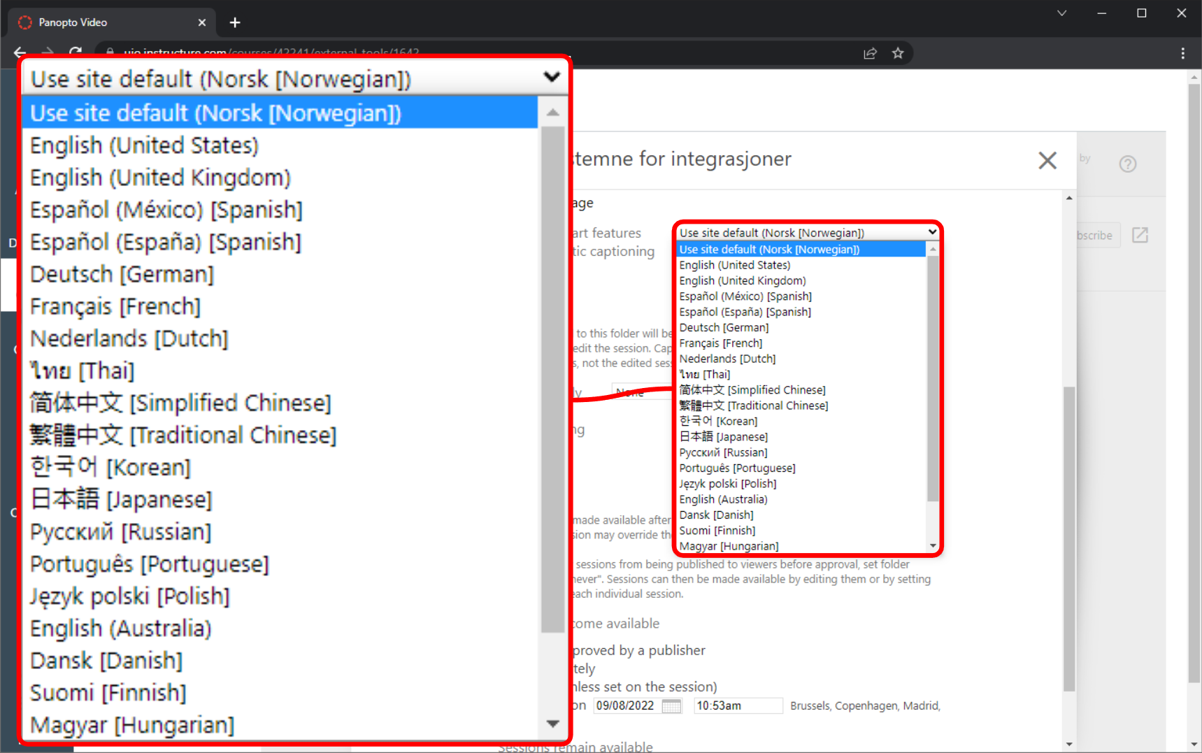 Innstillingsvinduet for emnet i Panopto, under "Settings" er "Content Language" nedtreksmenyen åpnet og markert.