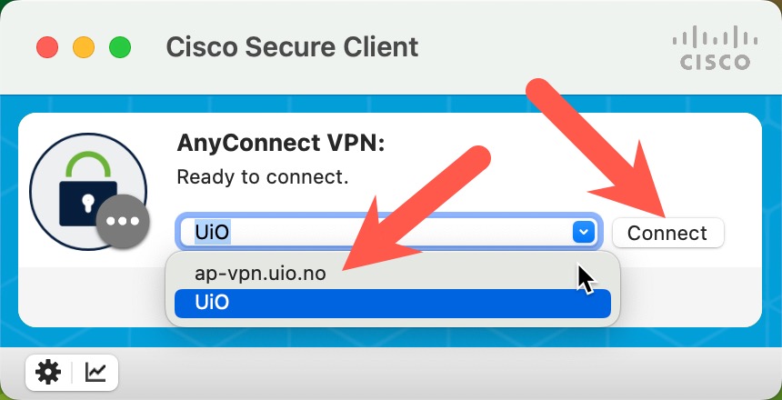 Screenshot of Cisco Secure Client and the menu where you choose vpn configuration