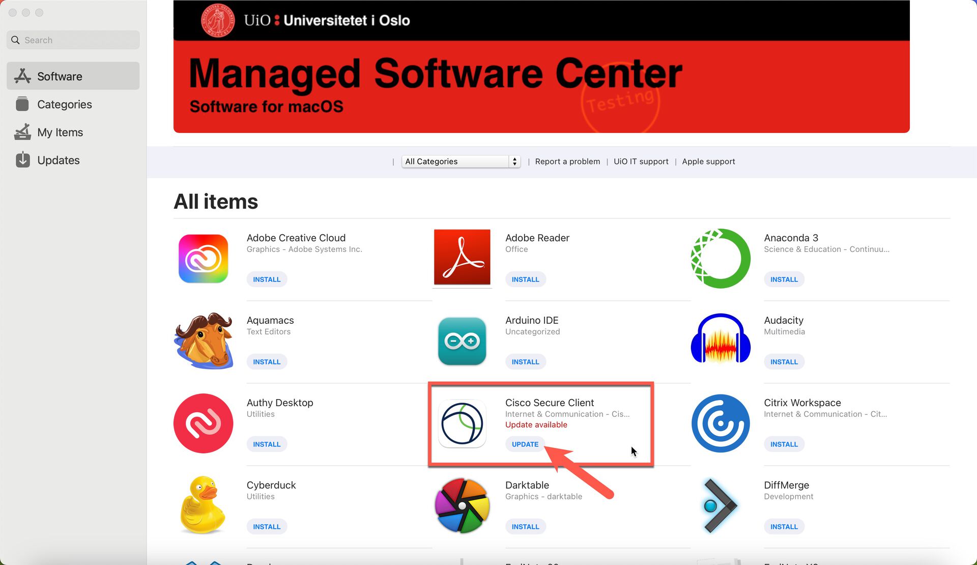 Screenshot of Managed Software Center where Cisco Secure Client is highlighted
