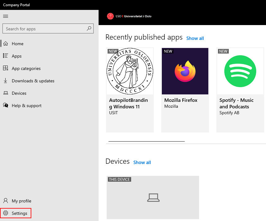 Screenshot home page of Company Portal app, Settings highlighted