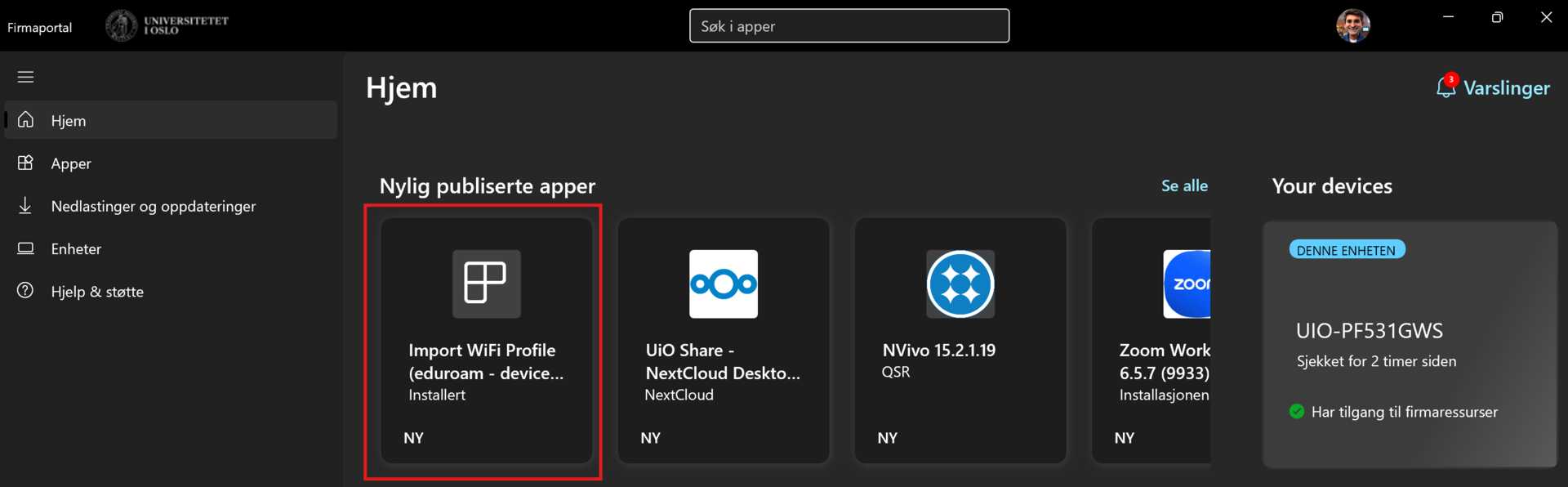 Skjermbilde av Firmaportal og appen Import WiFi Profile