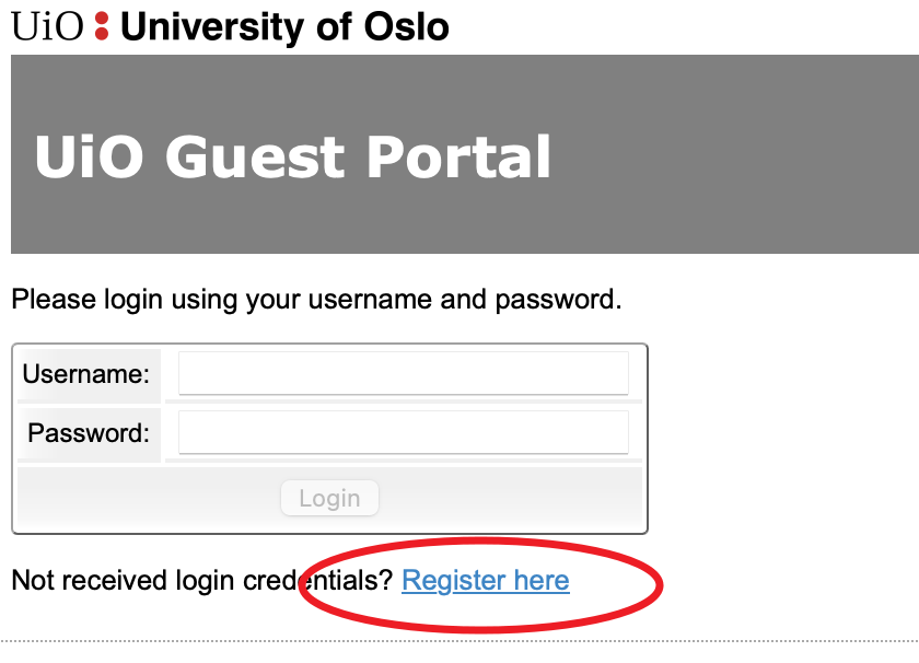 bilde av dialogen der du kan registrere deg for gjestetilgang til nett på uio. Register here er ringet rundt med rødt