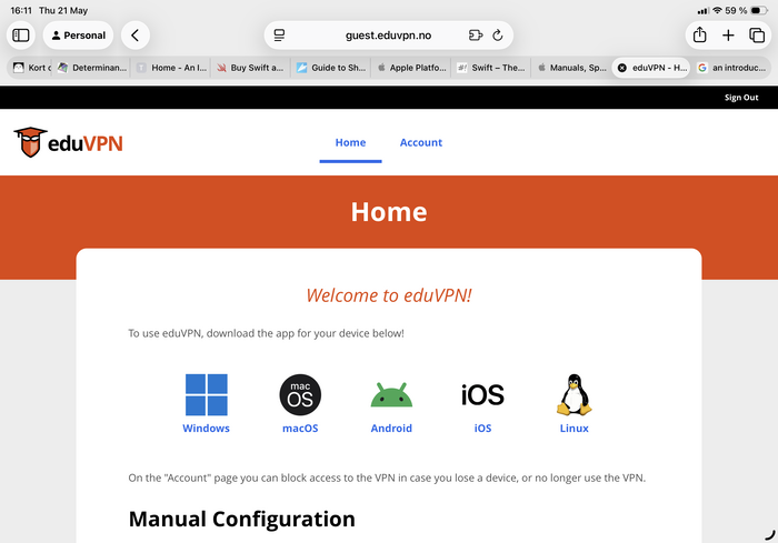 Screenshot from the guest.eduvpn.no website showing a list of supported platforms: Windows, macOS, Android, ios, and Linux.