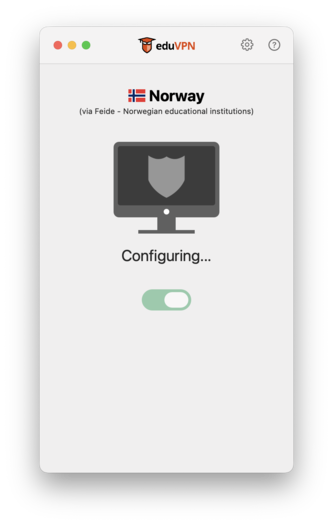 Screenshot of the eduVPN app showing that it will connect to Norway via Feide with an image of a computer and the text "Configuring"