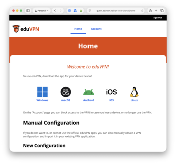 Screenshot of the guest.eduvpn.no website showing icons for the various supported operating systems: Windows, macOS, Android, iOS, and Linux