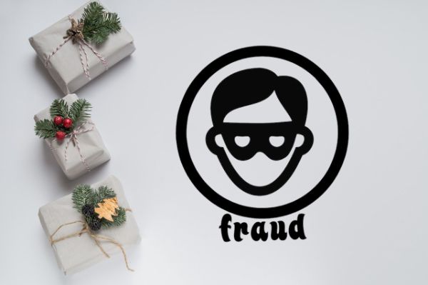 christmas gifts and a robber, with text Fraud