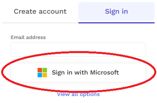 Bilde av påloggingsvindu med ulike innloggingsløsninger. Rød ring rundt Microsofts løsning med tekst "Sign in with Microsoft"