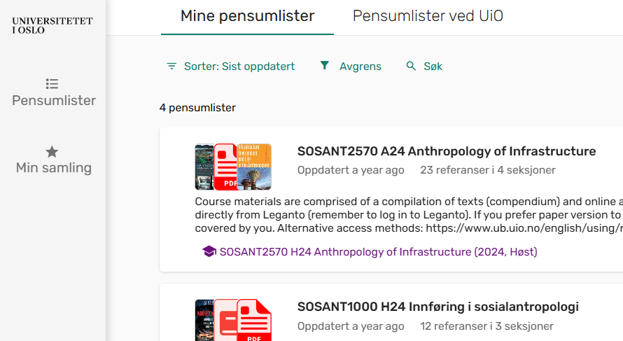 Bilde av dashboard i Leganto. 