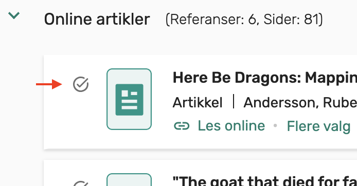 Bilde av hvordan man merker en referanse som lest i Leganto. 