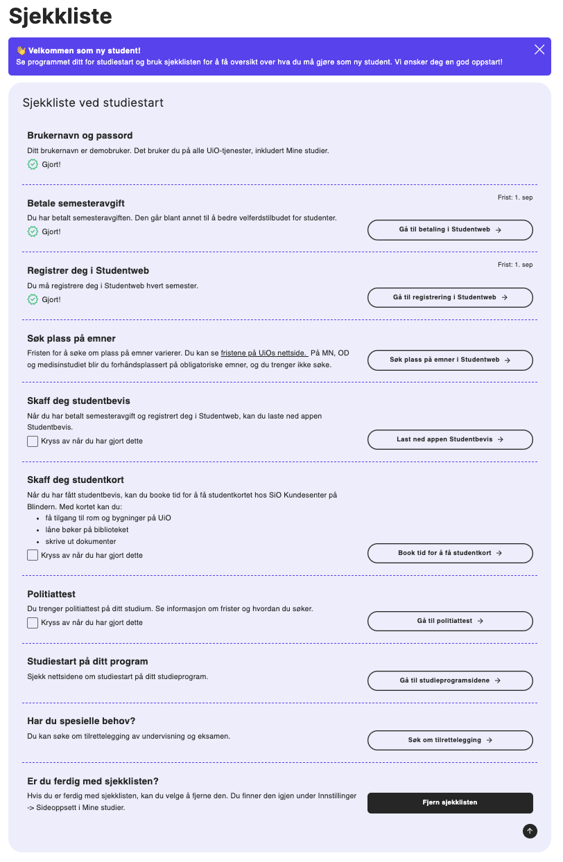 Sjekkliste ved studiestart