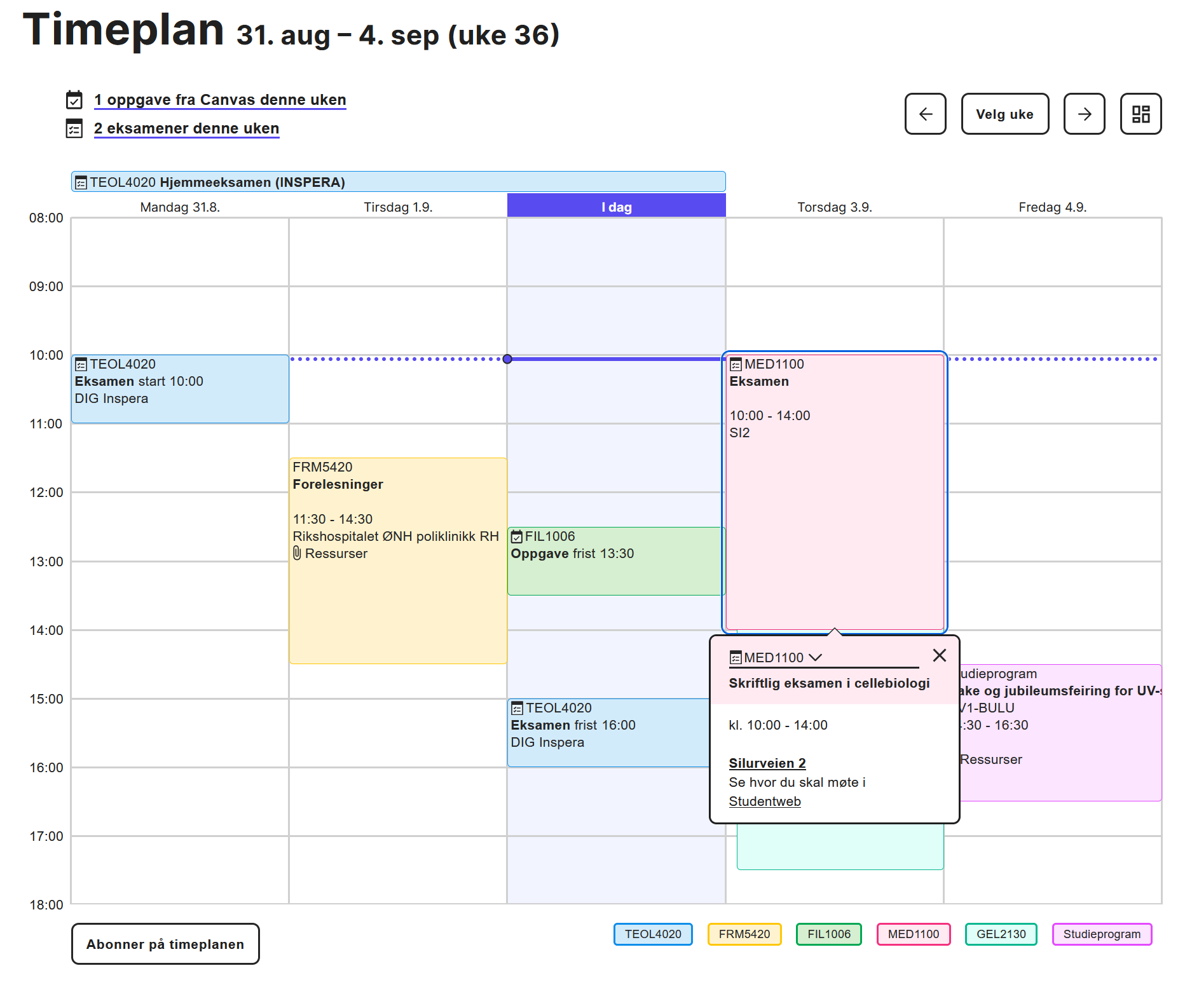 Timeplan skjermbilde, eksamensaktivitet MED1100 i fokus