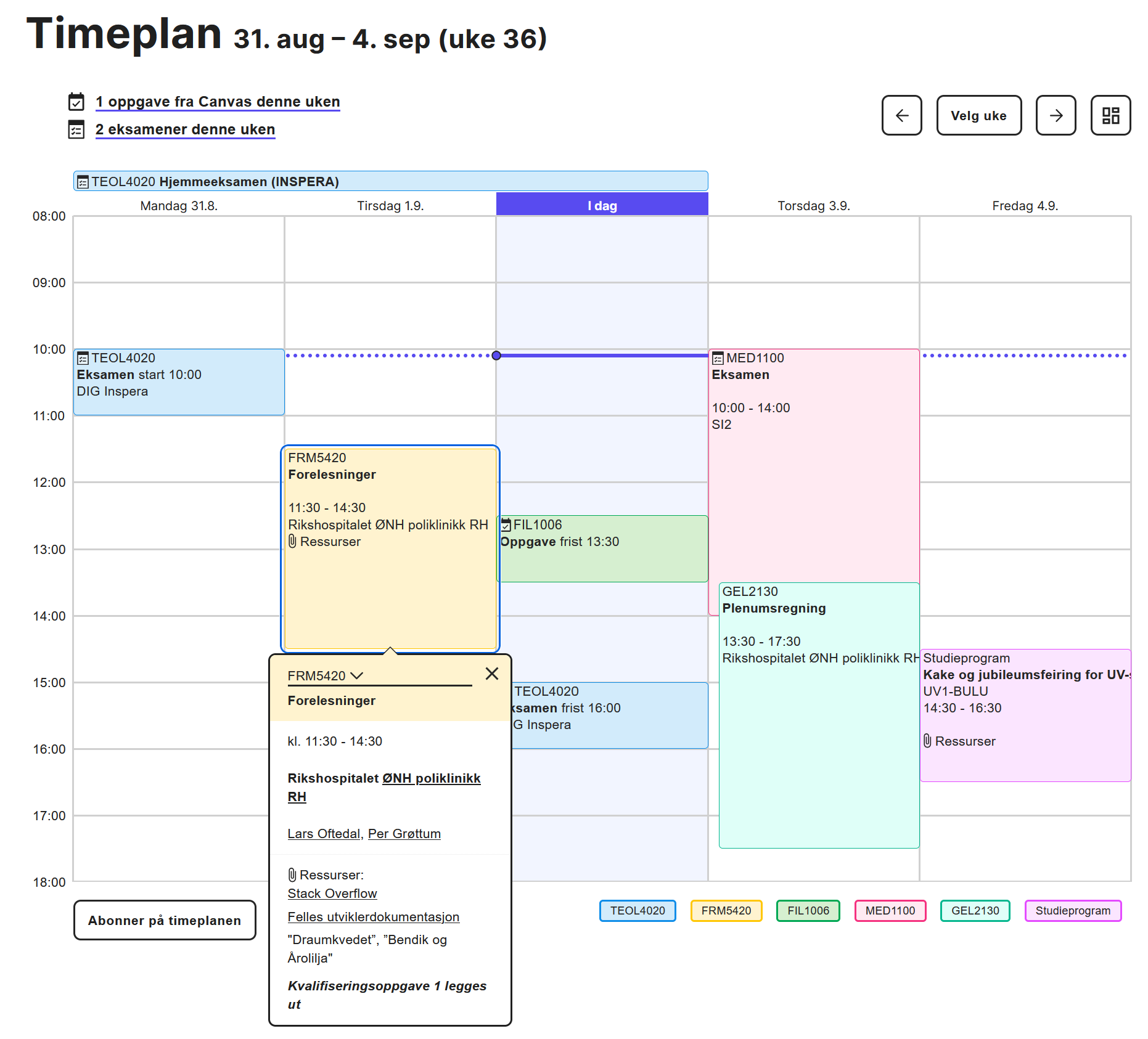Timeplan skjermbilde, FRM5420 forelesning i fokus