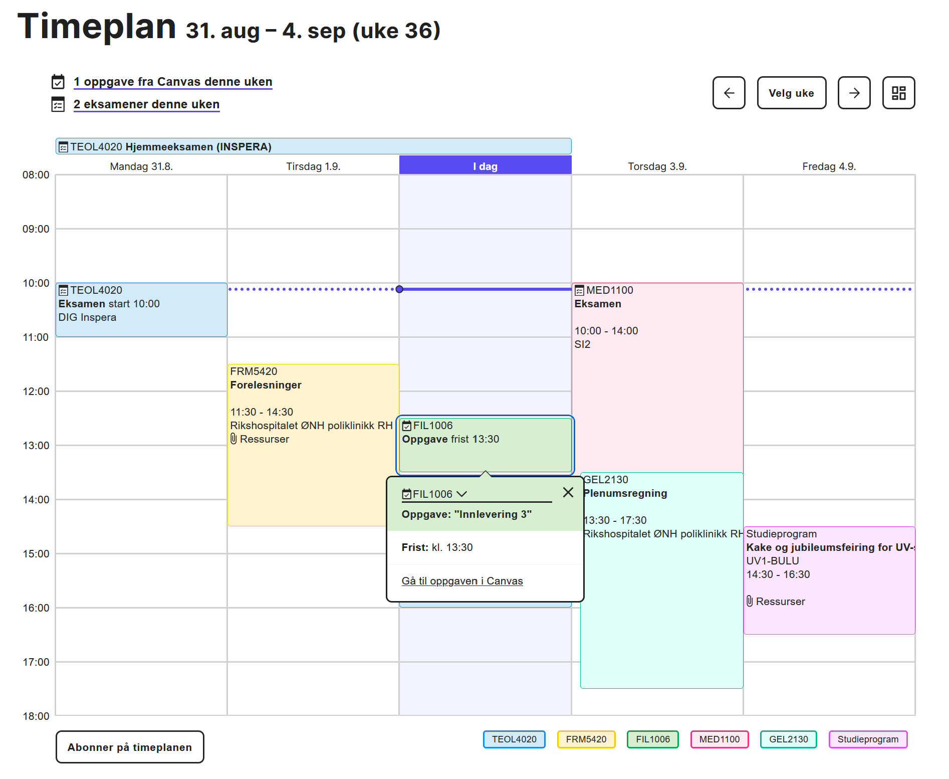 Timeplan skjermbilde, FIL1006 oppgave i fokus