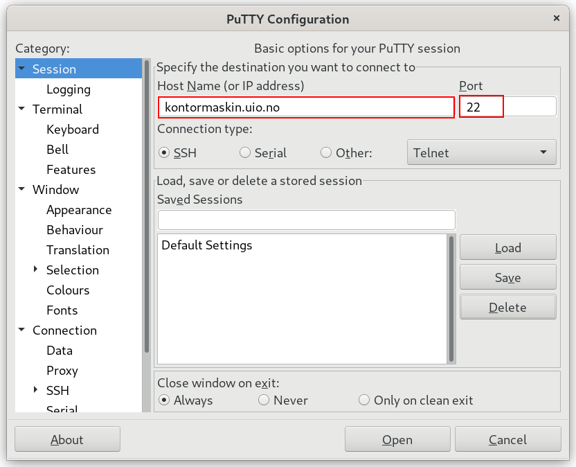 lag en ny putty sesjon