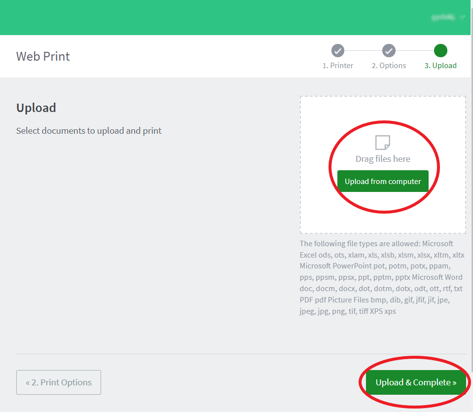 Bilde av et vindu med en boks for å slippe filer, som har en knapp før å lete etter dokumenter i filsystemet. Inneholder to knapper, "Print Options" og "Upload & Complete"