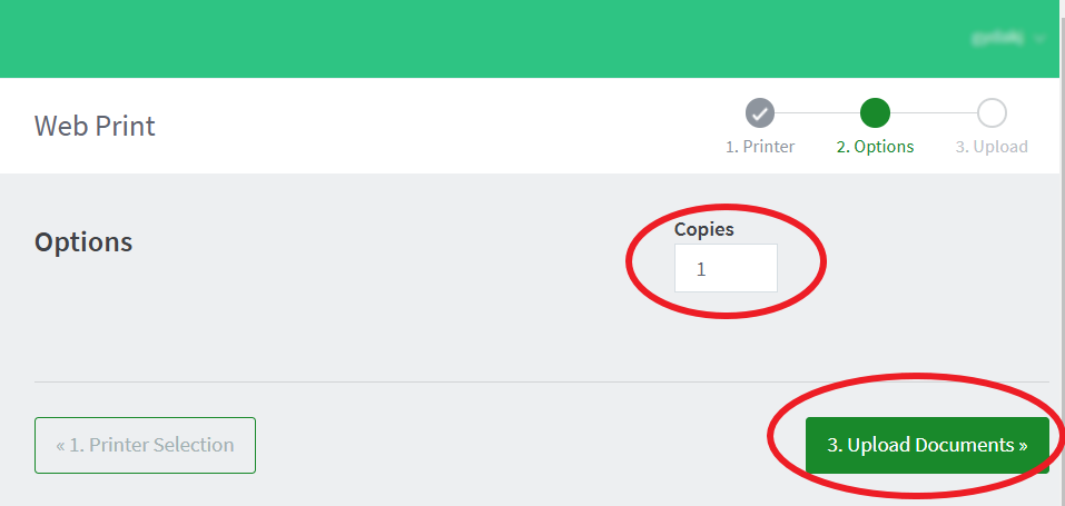 Bilde av et vindu med en tall-boks som heter "Copies", og to knapper, "Printer Selection" og "Upload Documents"