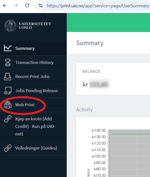 Bilde av en meny med flere valgmuligheter, blant annet "Web Print"