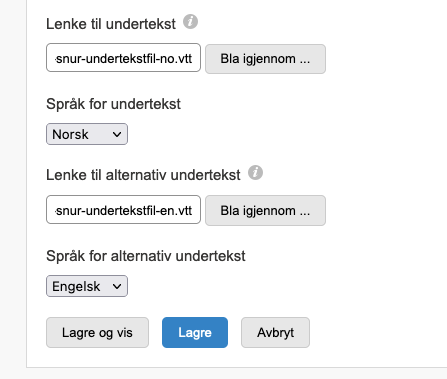 Skjermbilde fra administrasjon av videofil av typen "Strømbar video" med inputfelter for URL til to undertekstfiler på ulike språk.