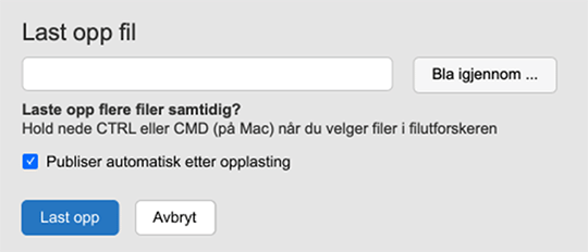 Skjermbilde av dialog i Vortex for opplasting av filer som viser det nye valget med avkrysningsboks for å styre publisering etter opplasting.